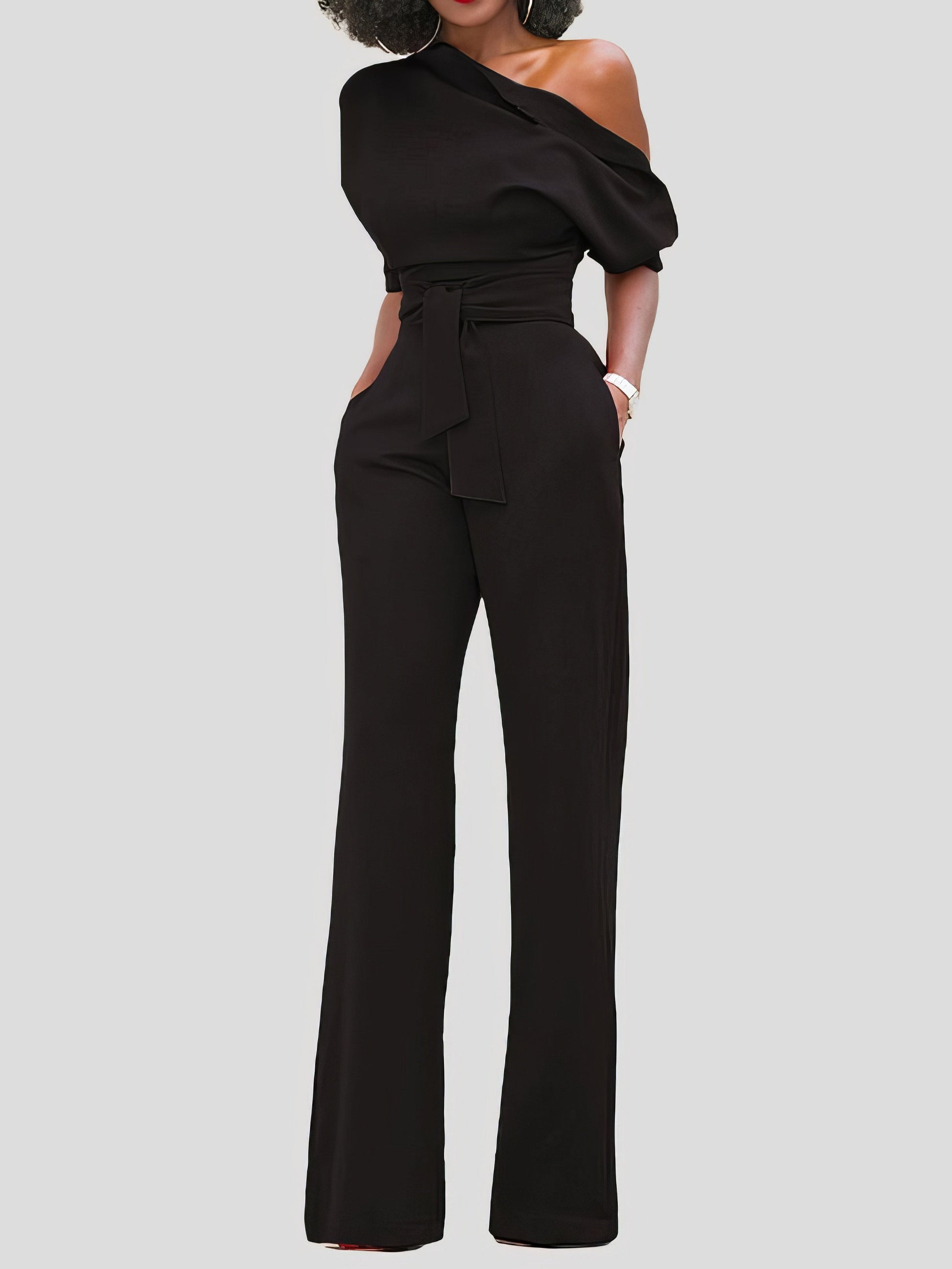 Jumpsuits - Solid Color One Shoulder Short Sleeve Jumpsuit - MsDressly
