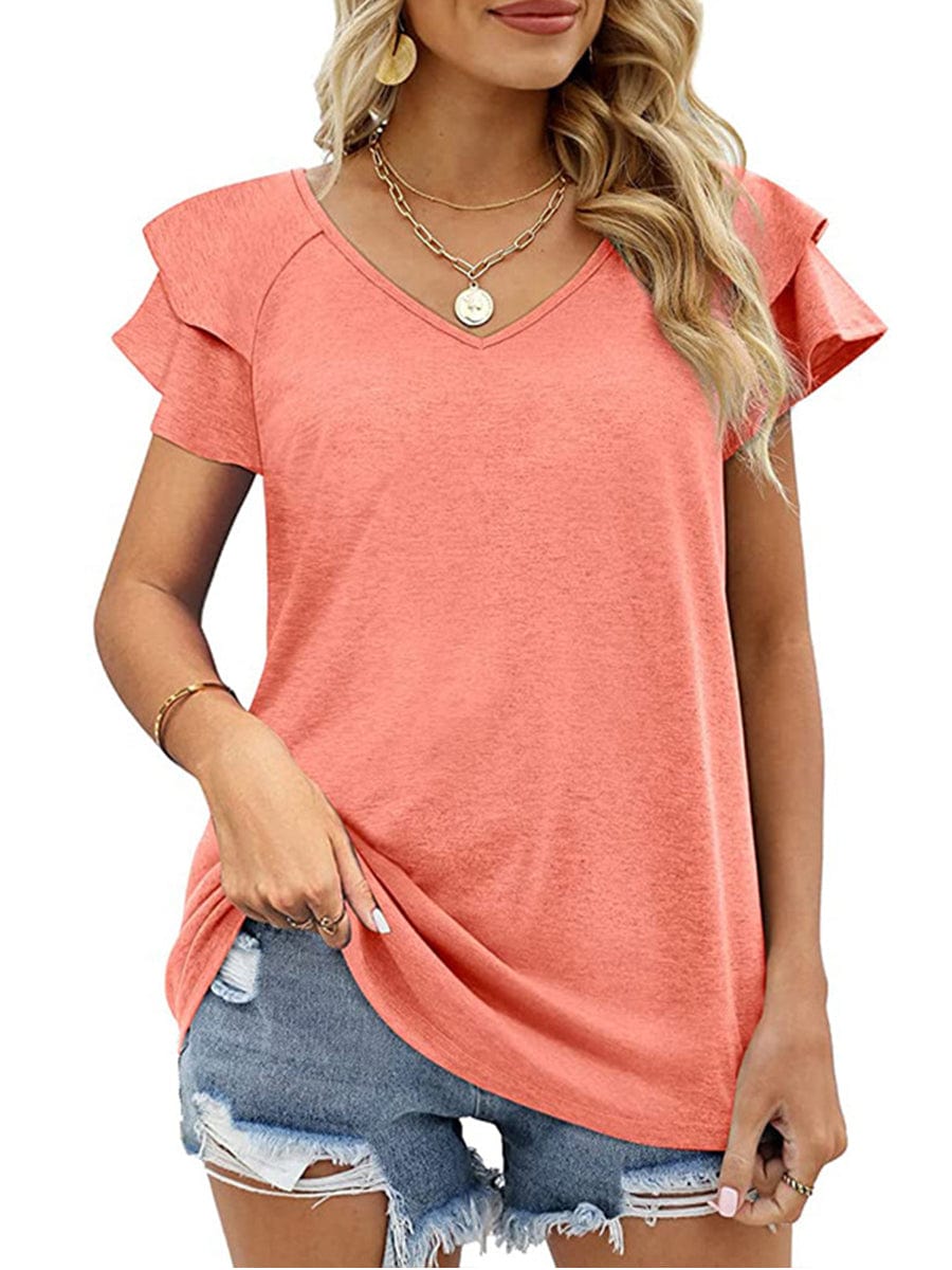 Solid Color V-Neck Ruffled Sleeves Loose T-Shirt