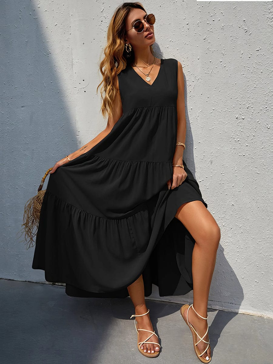 Solid Color V Neck Sleeveless Maxi Dress