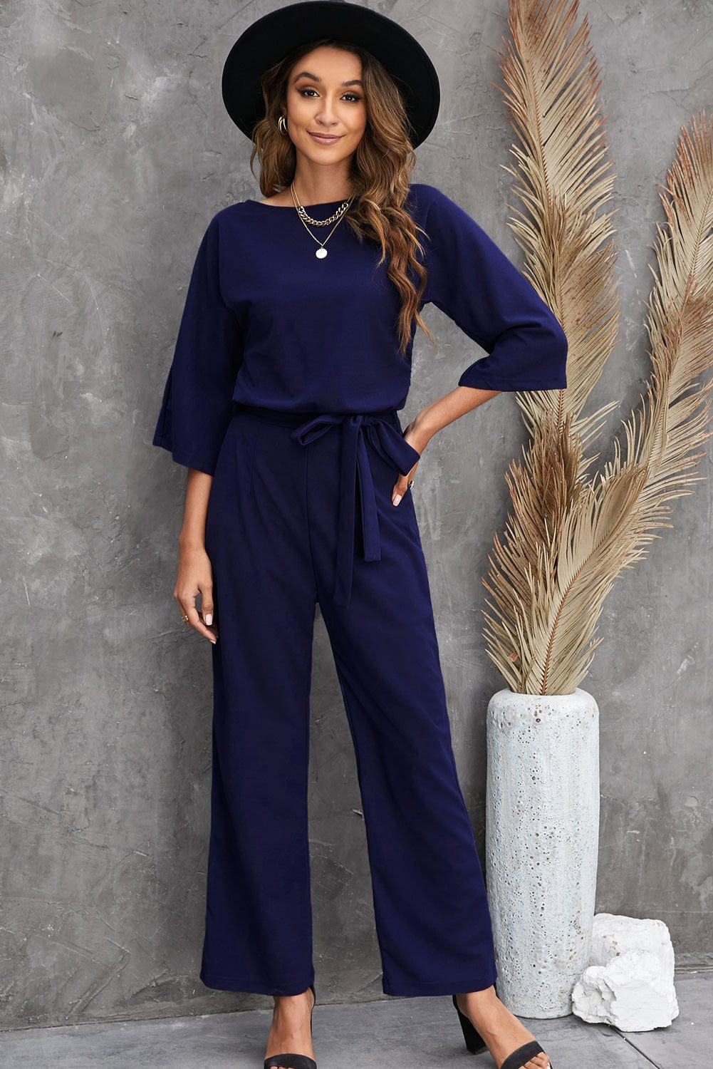 Solid Five-Point Sleeve Belted Wide-Leg Jumpsuit
