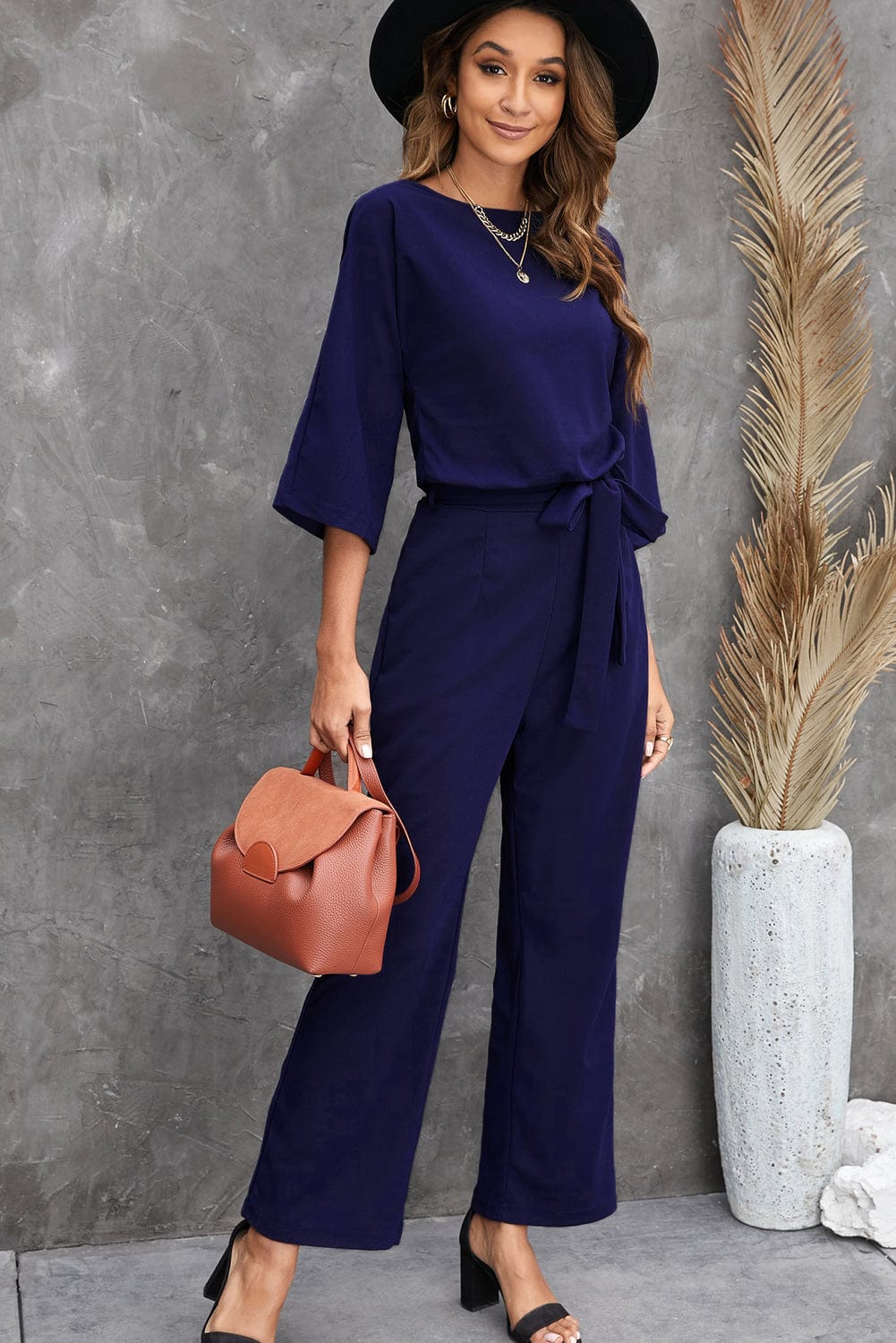 Solid Five-Point Sleeve Belted Wide-Leg Jumpsuit