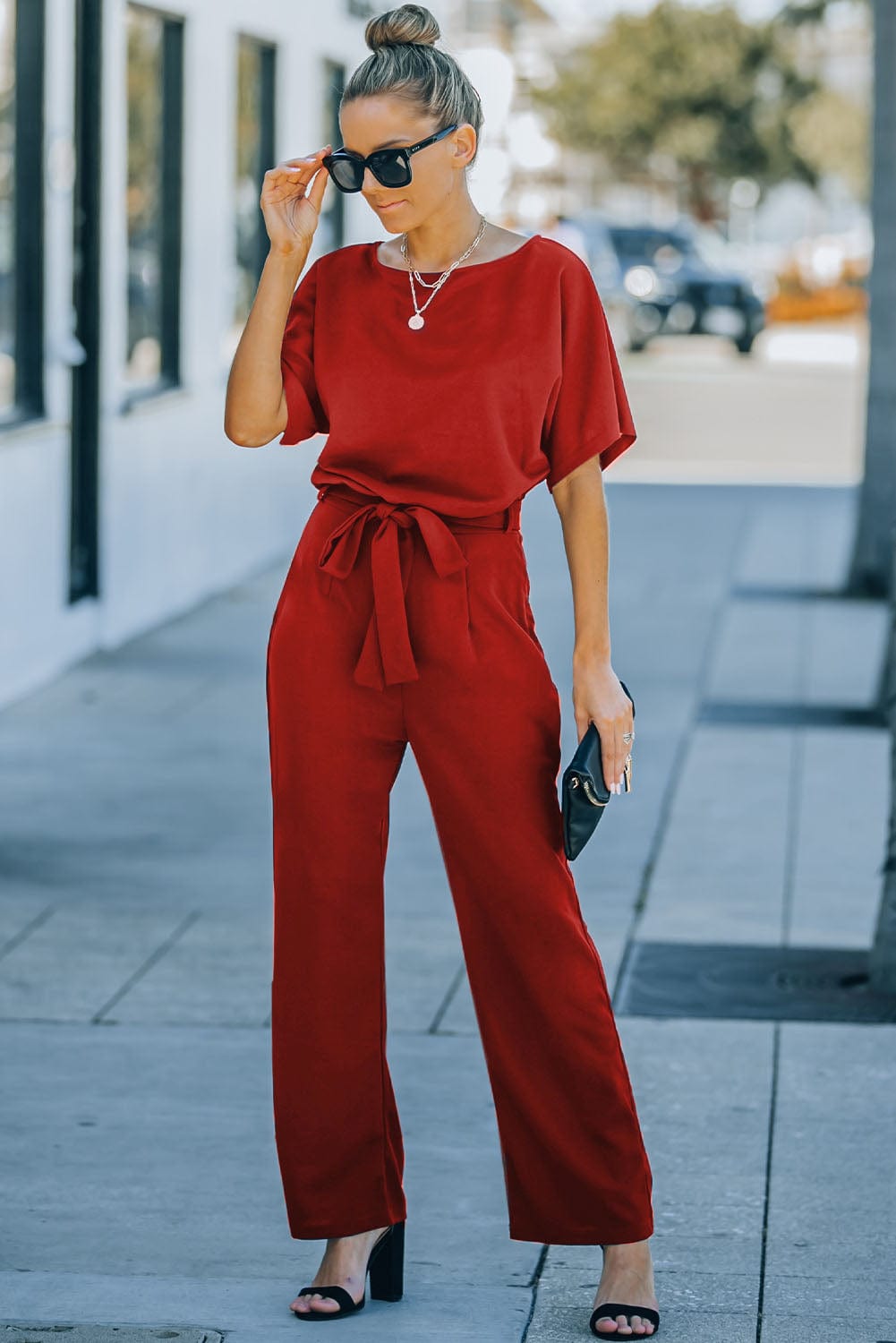 Solid Five-Point Sleeve Belted Wide-Leg Jumpsuit