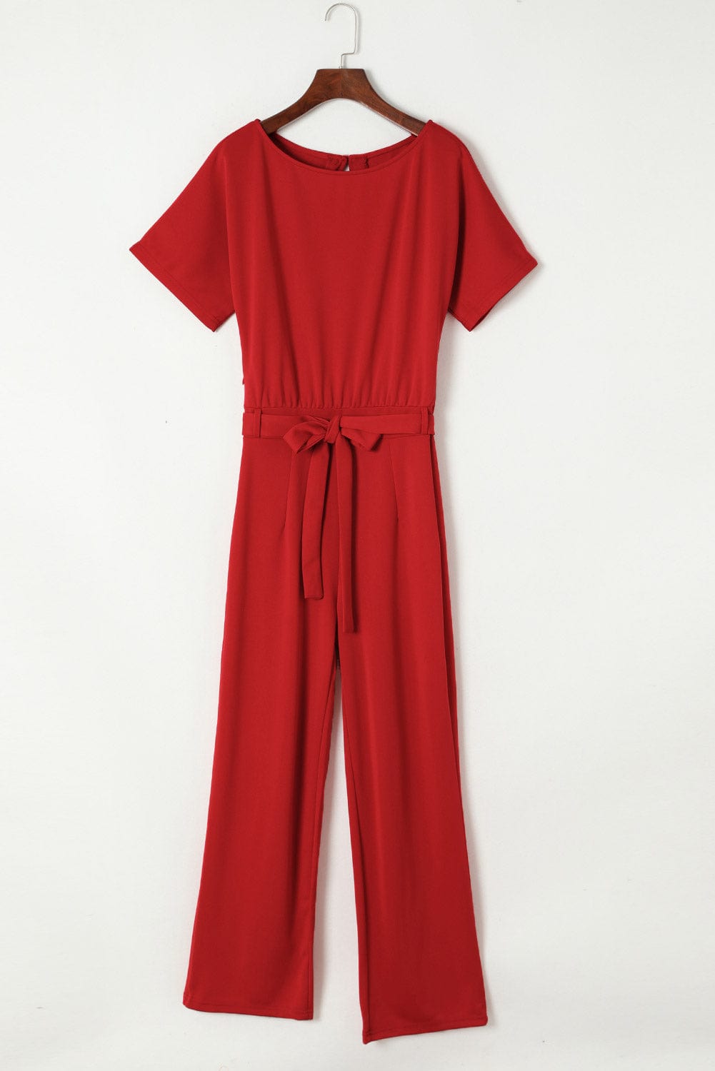 Solid Five-Point Sleeve Belted Wide-Leg Jumpsuit