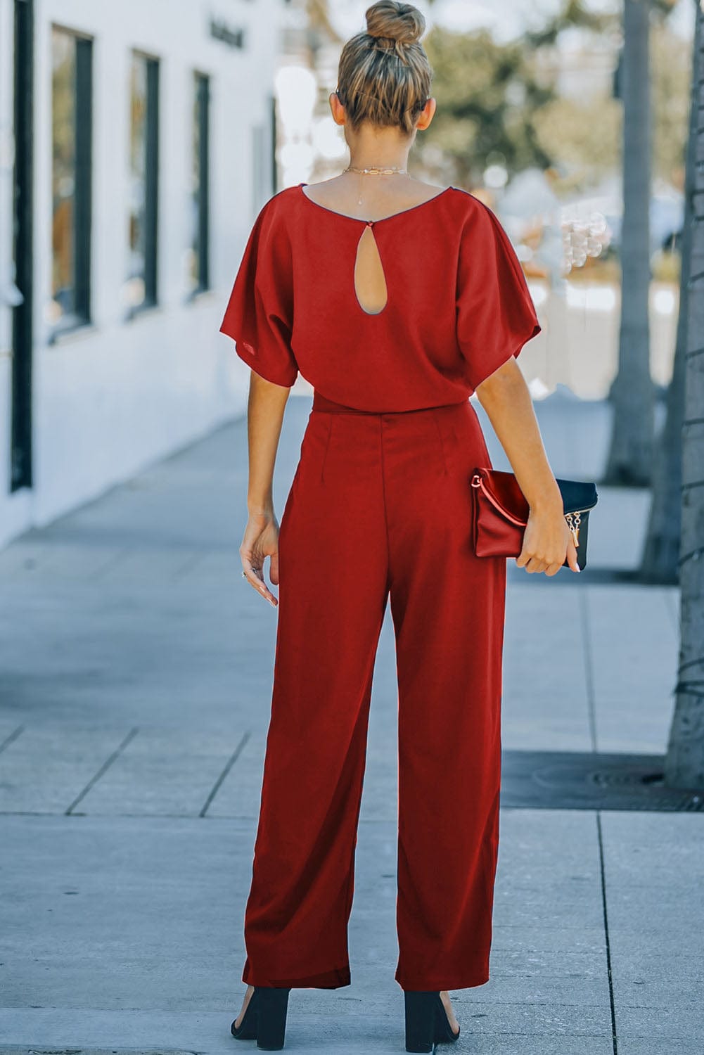 Solid Five-Point Sleeve Belted Wide-Leg Jumpsuit