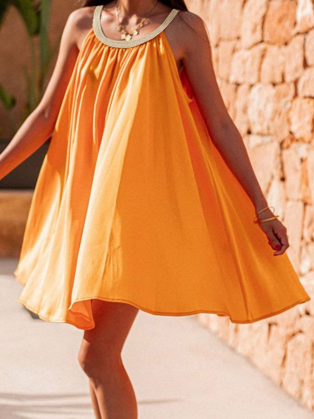 Solid Halter Neck Open Back Sleeveless Dress