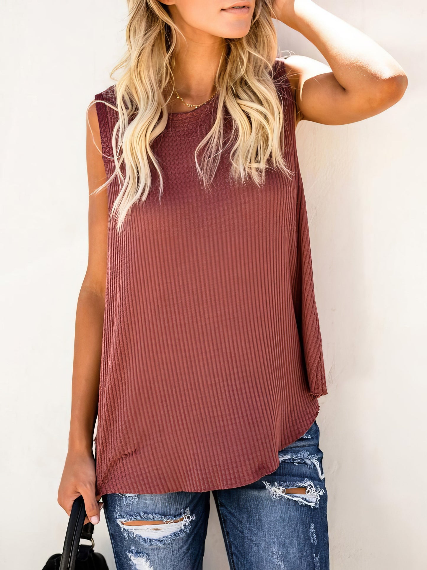 Tank Tops - Solid Round Neck Sleeveless Top Vest - MsDressly