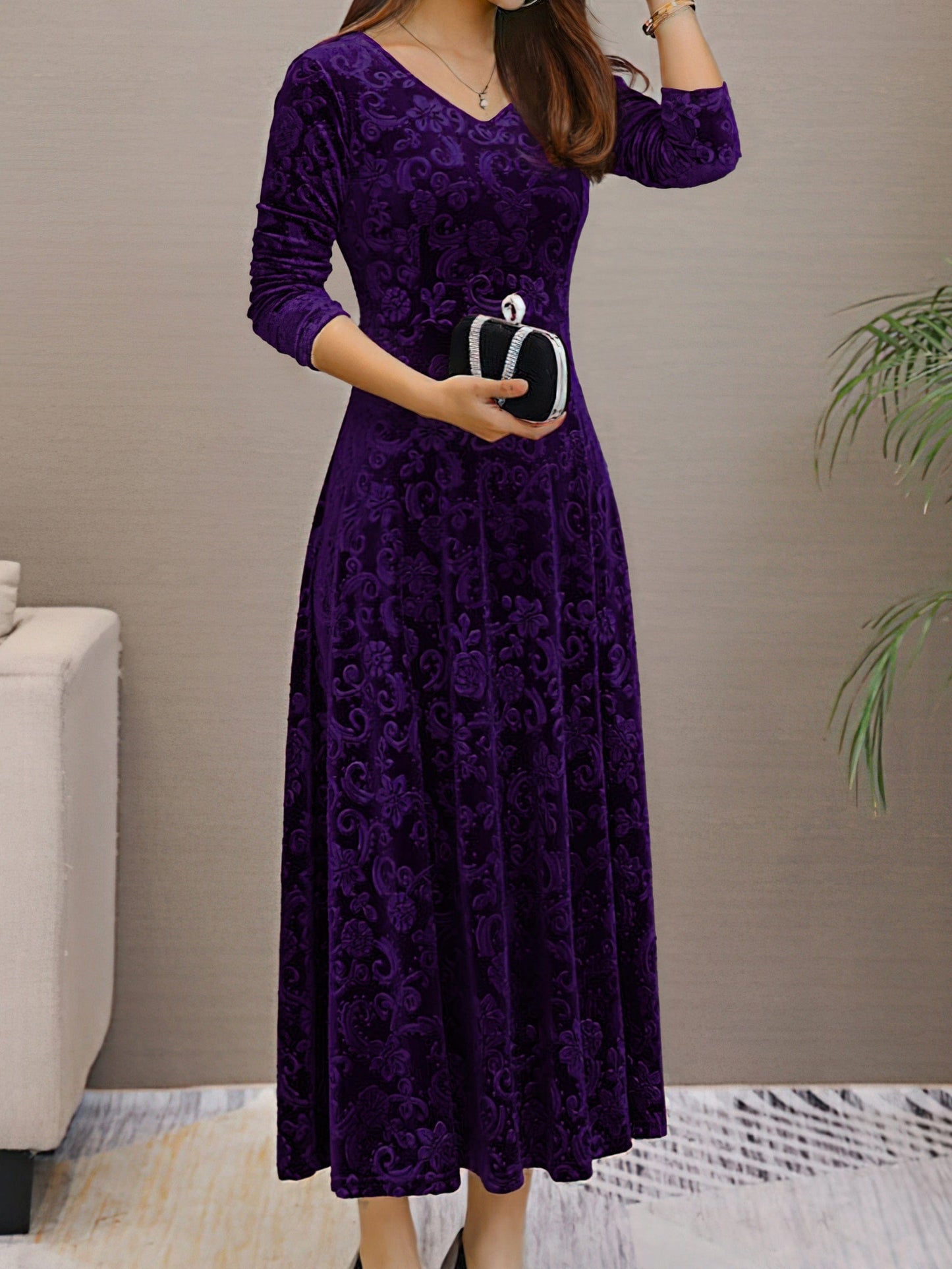 Solid Stylish V-Neck Flared Long Sleeve Maxi Dress