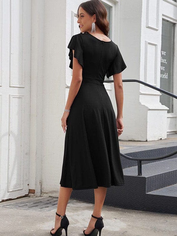 Solid Tie Pocket Long Sleeve Dress