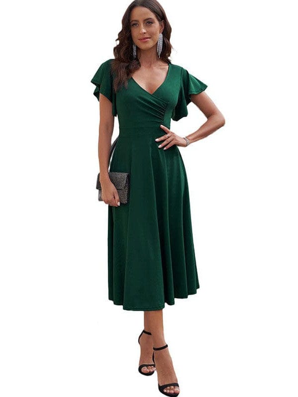 Solid Tie Pocket Long Sleeve Dress