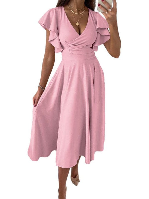 Solid Tie Pocket Long Sleeve Dress