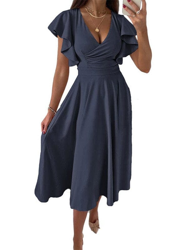 Solid Tie Pocket Long Sleeve Dress