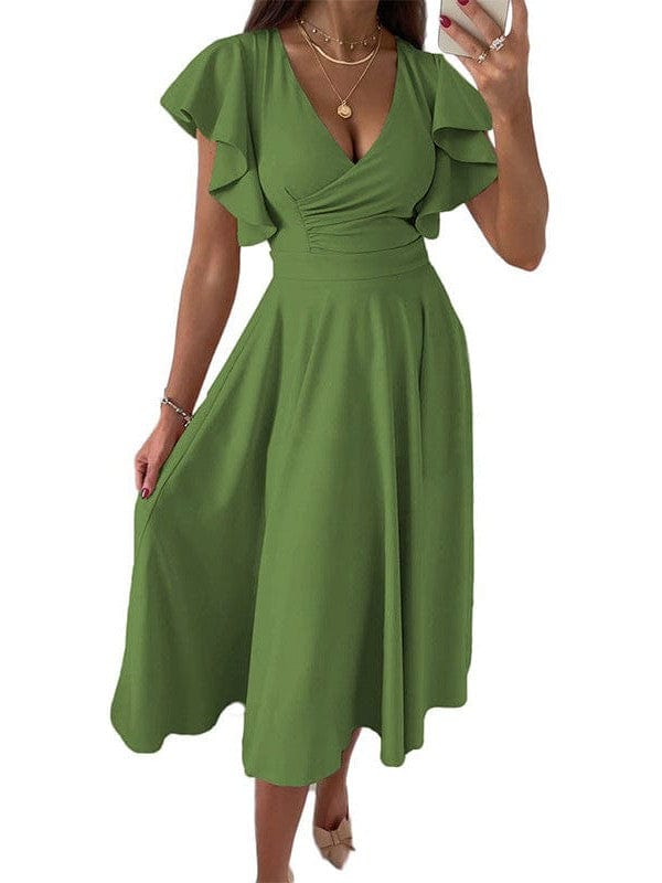 Solid Tie Pocket Long Sleeve Dress