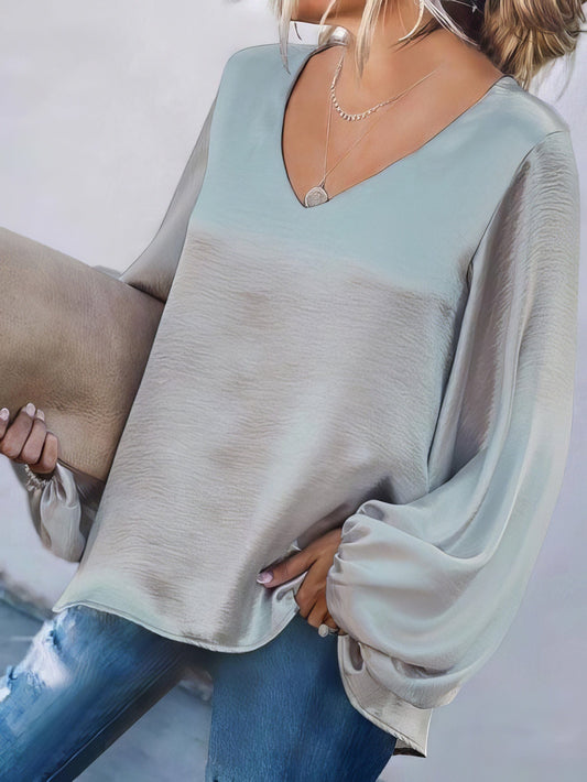 Solid V-neck Loose Fit Long Sleeve Blouse for Women