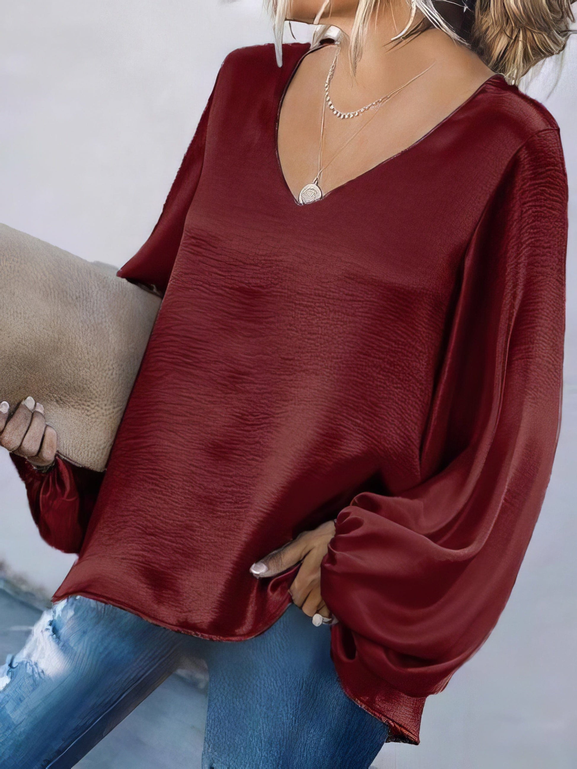 Solid V-neck Loose Fit Long Sleeve Blouse for Women