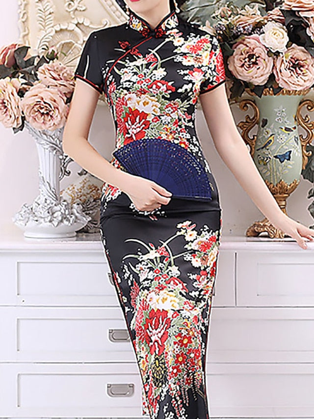 Women's Dress - Cheongsam Floral Mandarin Collar Chinoiserie Dress Long Dress Maxi Dress Light Pink Black Blue Short Sleeve Spring Summer Weekend S M L XL XXL 3XL 4XL 5XL 6XL