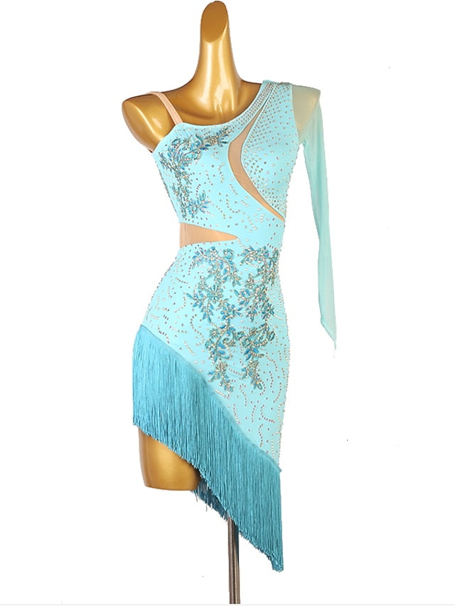 Latin Dance Dress Tassel Split Joint Crystals / Rhinestones Women's Performance Training Long Sleeve Chinlon Mesh - LuckyFash™