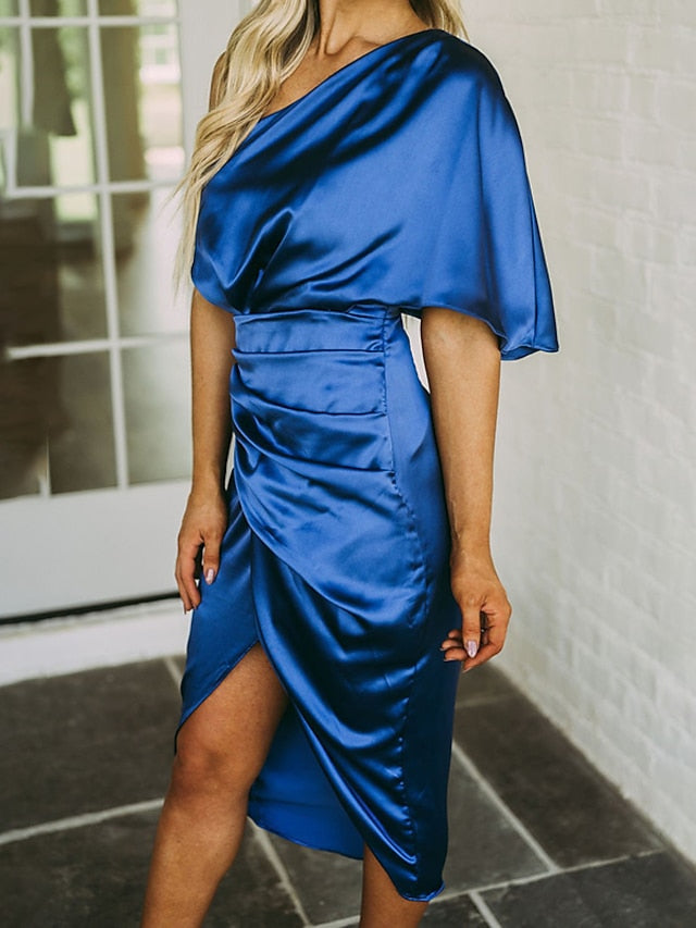 Women's Dress - Party Dress Wedding Guest Dress Midi Dress Black Gold Dark Blue Short Sleeve Solid Color Split Ruched Fall Spring One Shoulder Party Stylish 2023 S M L XL