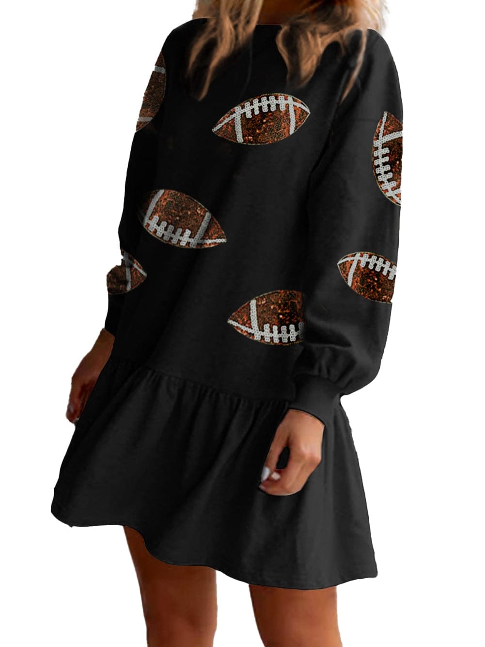 Sparkling Black Sequin Rugby Dress with Ruffled Hem