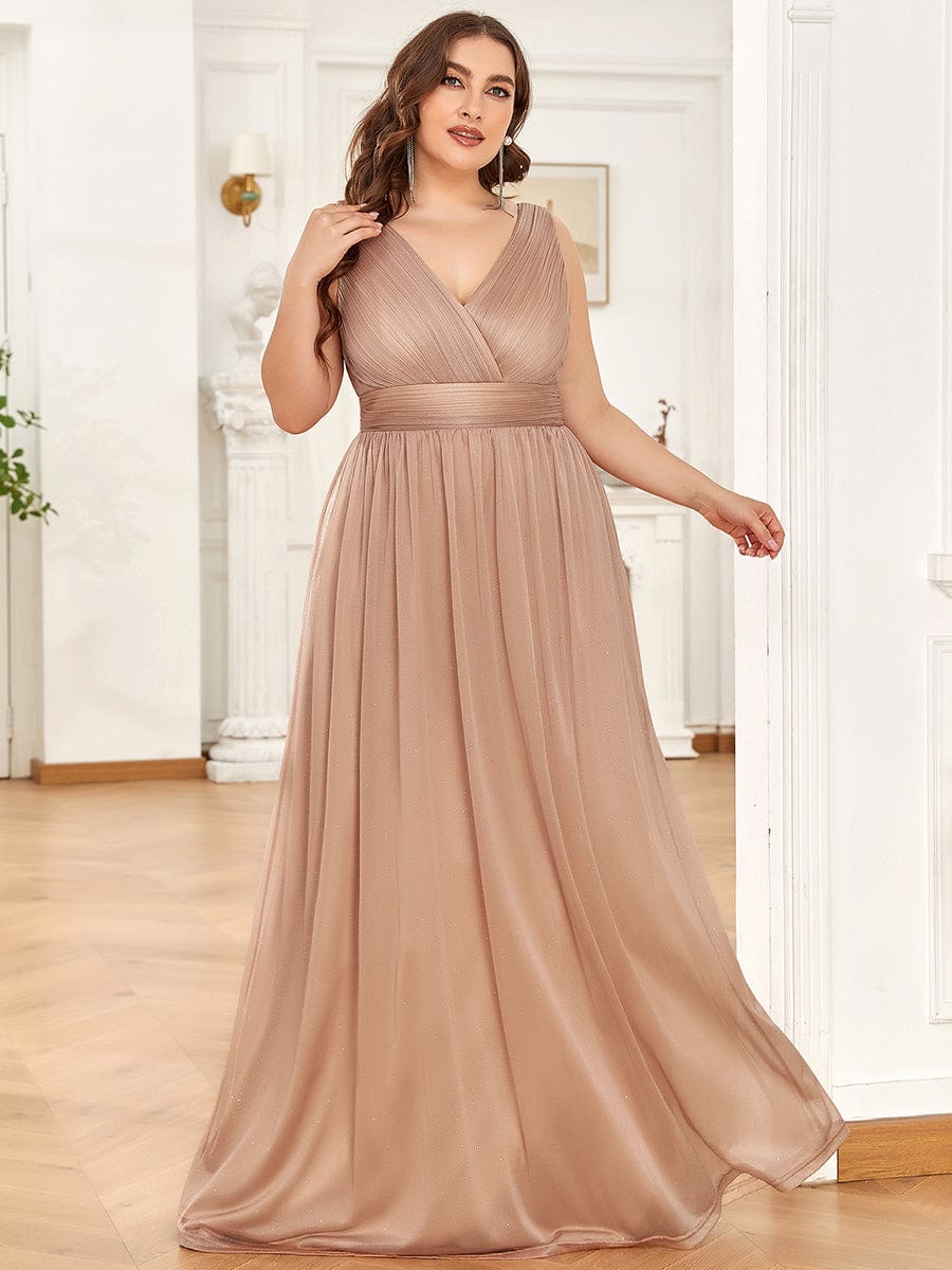 Sparkling Double V Neck Plus Size Evening Dress for Special Occasions