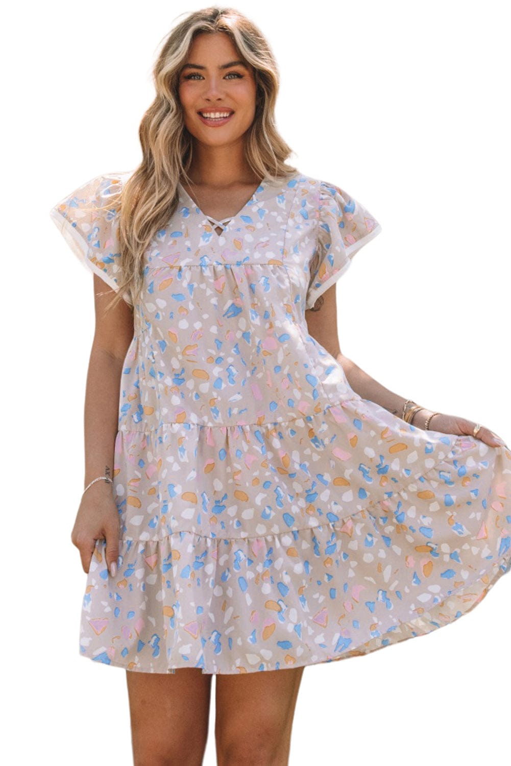 Splattered Print Tiered V-Neck Ruffle Dress with Flutter Sleeves