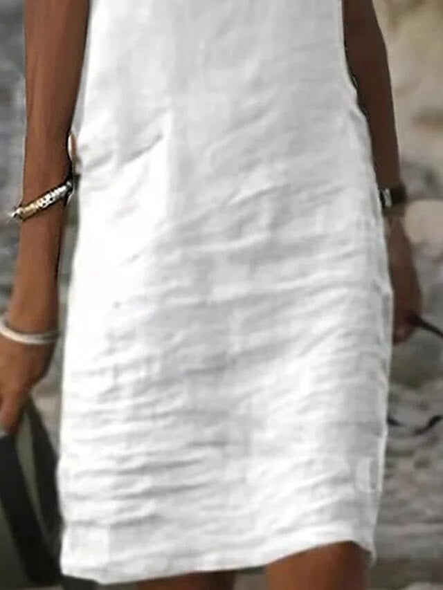 Women's Dress - Casual Dress Cotton Linen Dress Shift Dress Midi Dress Cotton Blend Fashion Basic Outdoor Daily Vacation Stand Collar Hollow Out Eyelet Short Sleeve Summer Spring 2023 Loose Fit White Blue