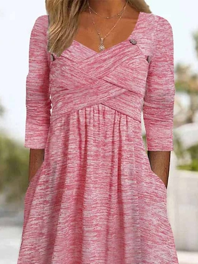 Women's Dress - Casual Dress Pleated Dress Plain Dress Plain Ruched Pocket Square Neck Midi Dress Fashion Modern Daily Vacation 3/4 Length Sleeve Regular Fit Pink Purple Green Summer Spring S M L XL XXL