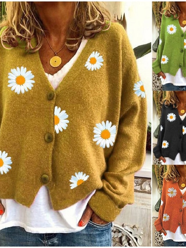 Women's Cardigan Sweater Open Front Ribbed Knit Nylon Acrylic Rayon Patchwork Embroidery Winter Regular Daily Stylish Elegant Casual Long Sleeve Daisy Maillard Black Yellow Navy Blue S M L