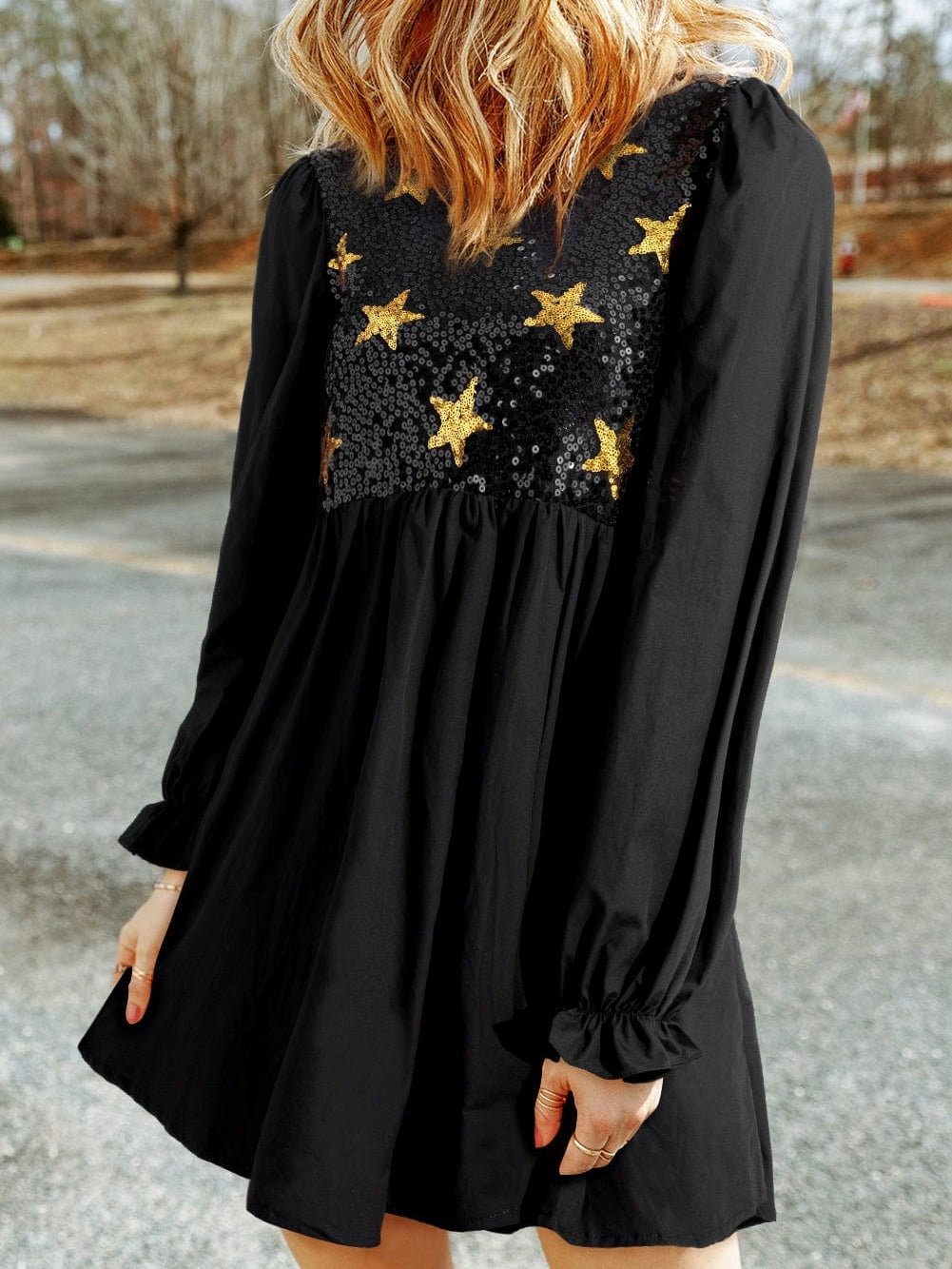 Starry Night Sequin Embellished Babydoll Dress with Flounce Sleeves