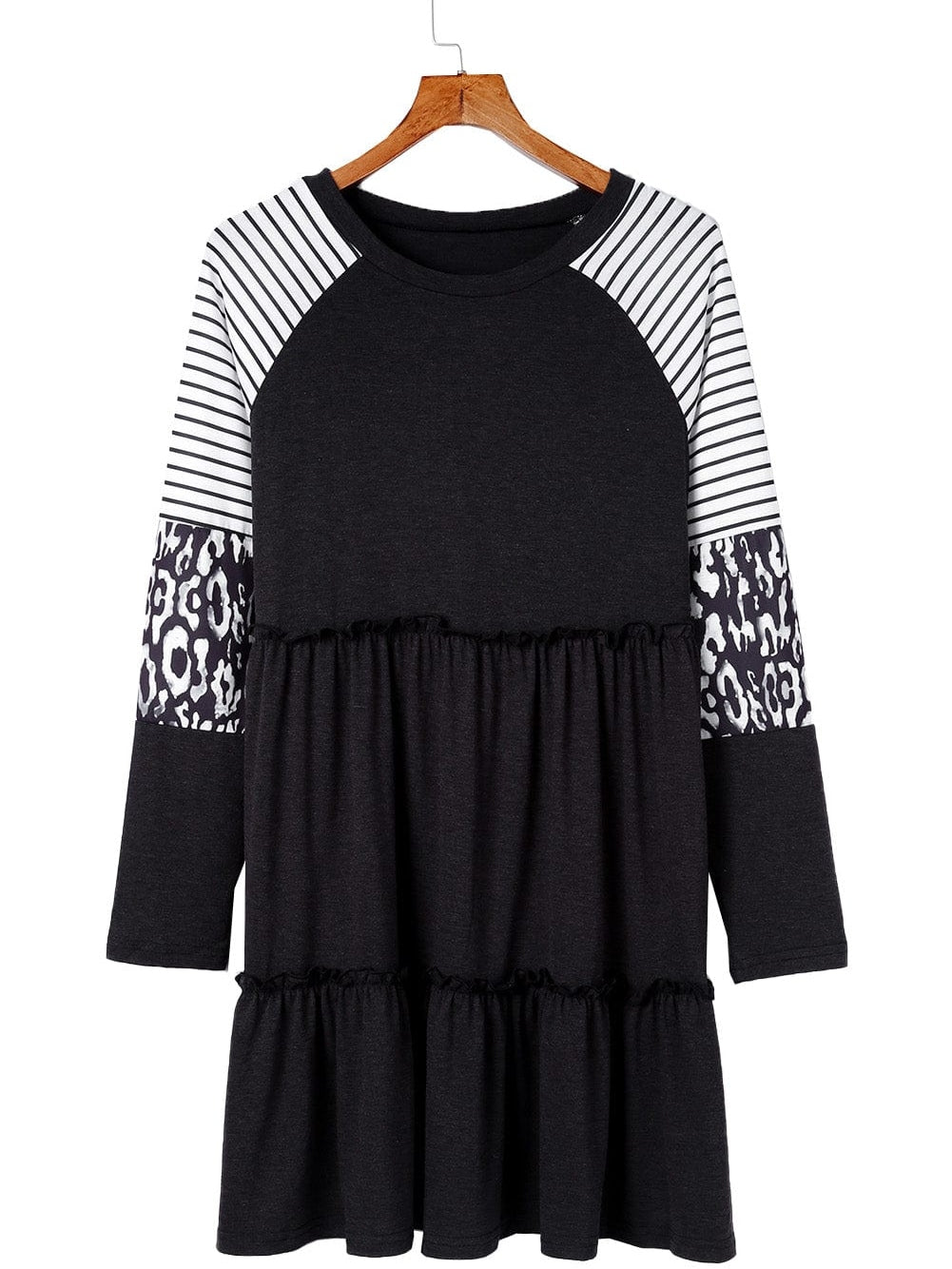 Striped Leopard Patchwork Knee-Length Dress with Long Sleeves