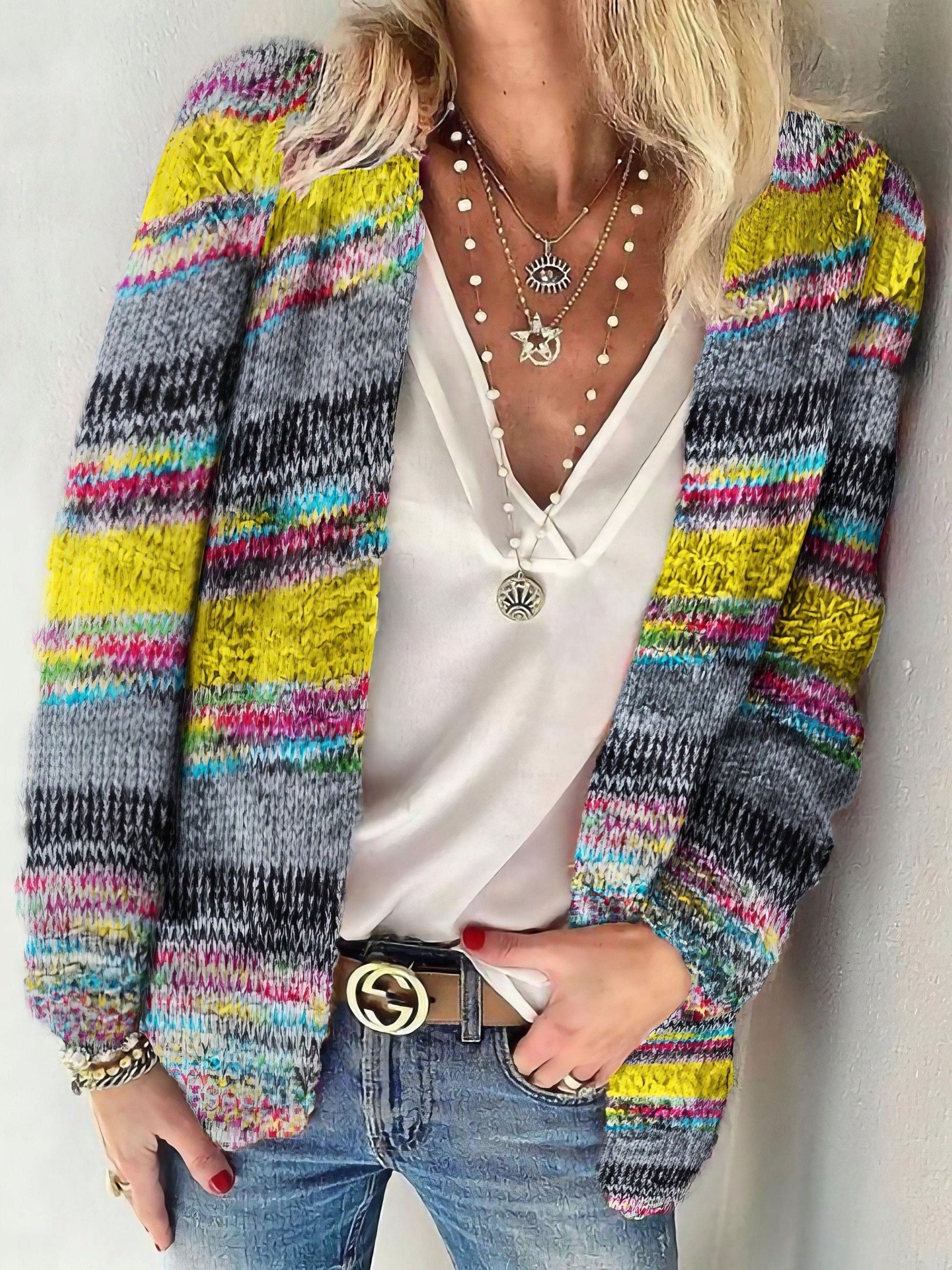 Striped Woolen Commuter Cardigan in Multicolor Print