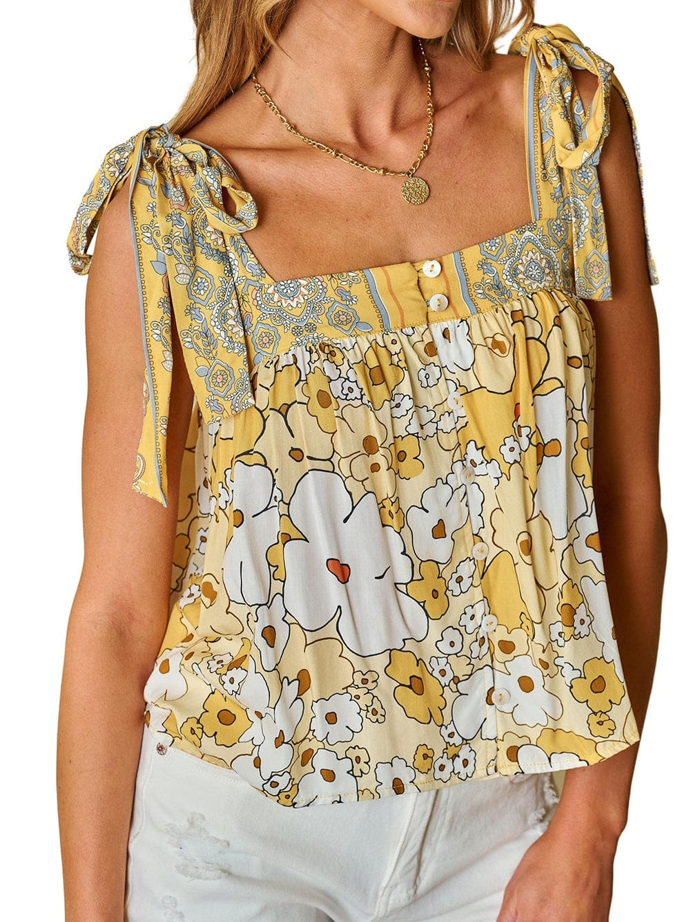 Sunflower Fields Tie-Strap Patchwork Tank Top