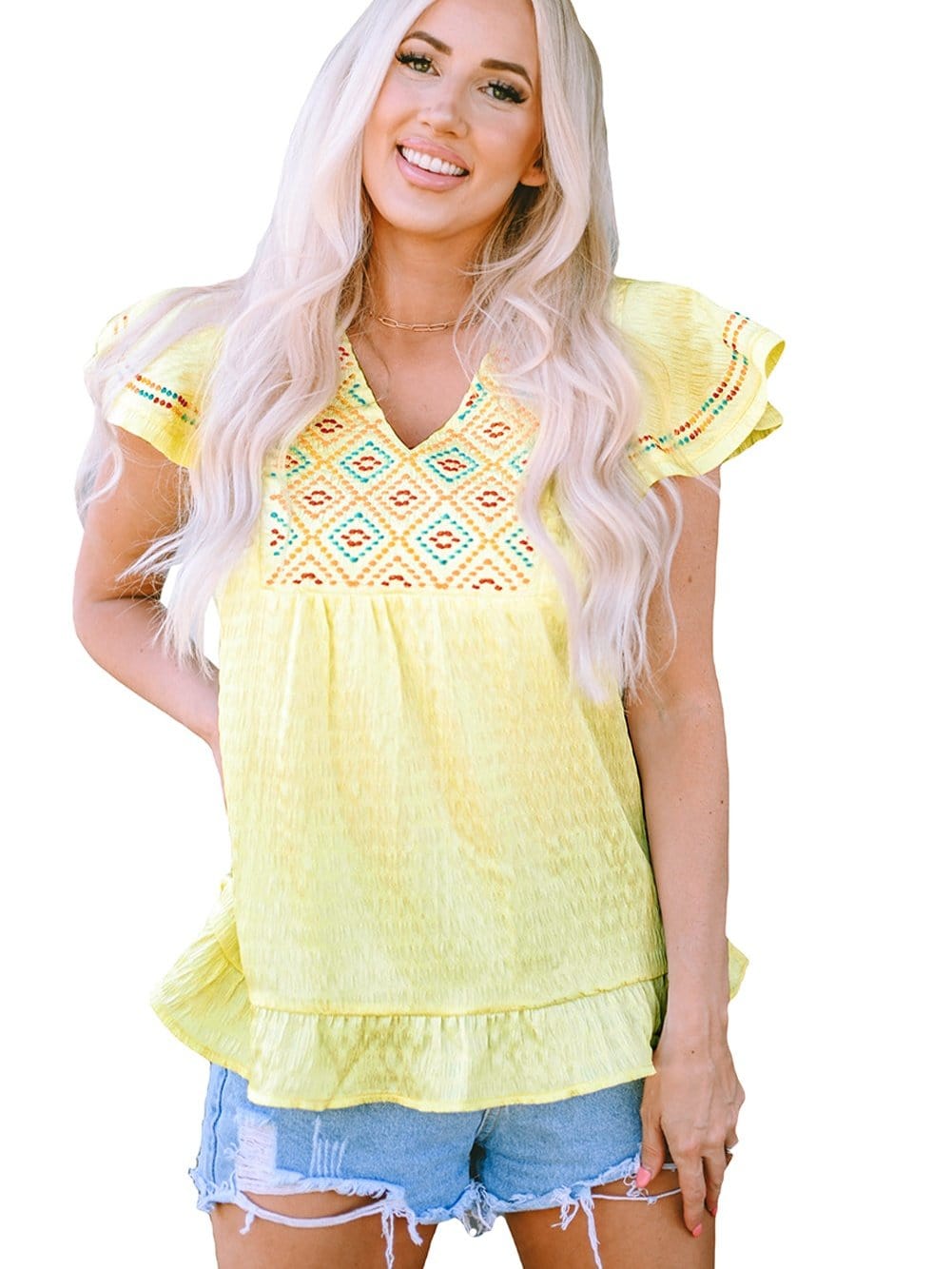 Sunny Yellow Embroidered Ruffle Top with Geometric Details