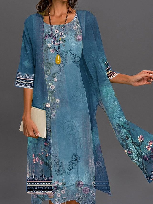 Women's Dress - Two Piece Dress Set Print Dress Outdoor Holiday Streetwear Casual Print Midi Dress Crew Neck 3/4 Length Sleeve Floral Regular Fit Blue Purple Green Summer Spring S M L XL XXL