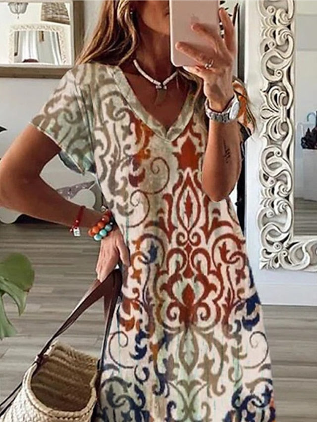 Women's Dress - Casual Dress Shift Dress Long Dress Maxi Dress Khaki Short Sleeve Floral Split Spring Summer V Neck Vacation 2023 S M L XL XXL 3XL