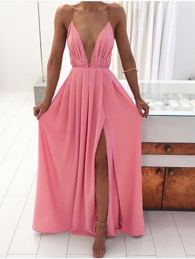 Women's Dress - Party Dress Wedding Guest Dress Swing Dress Long Dress Maxi Dress Black Pink Wine Sleeveless Pure Color Lace up Spring Summer Deep V 2023 S M L