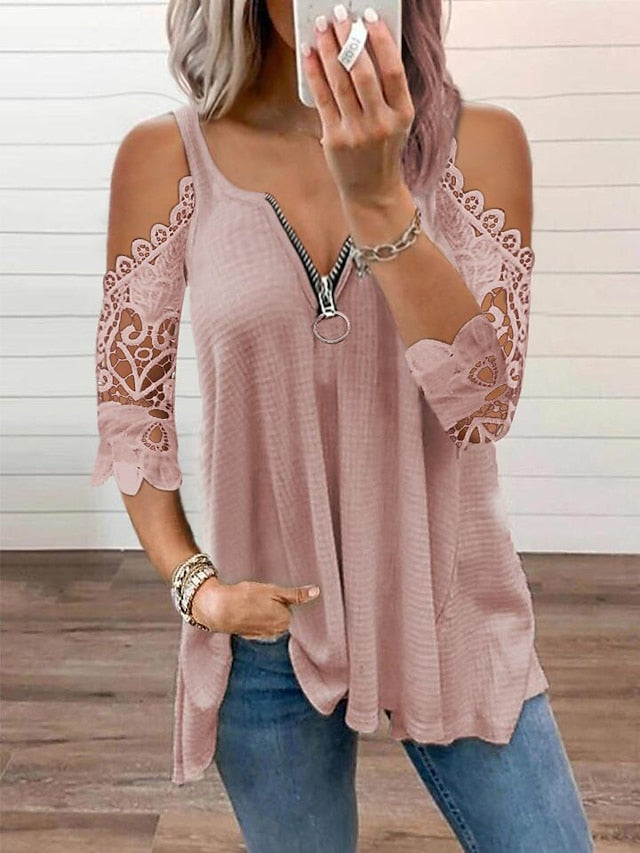 Women's Blouse Lace Zipper Solid Color Lace Basic Standard Summer Black White Pink Red - LuckyFash™