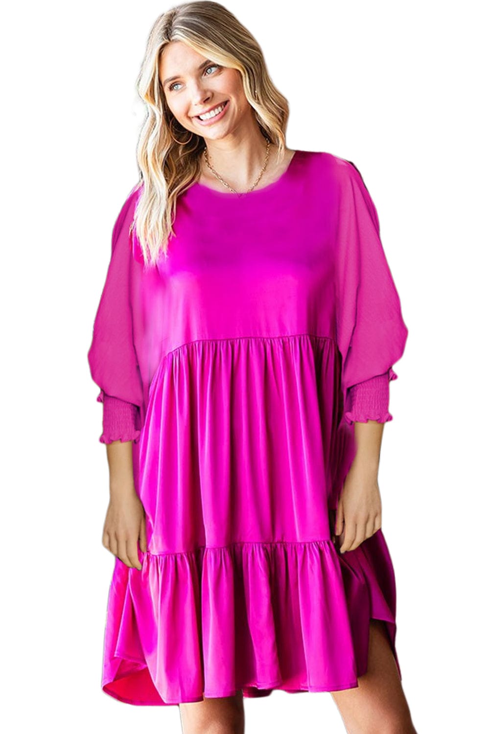 Sweet Pink Satin Bubble Sleeve Mini Dress with Smocked Details