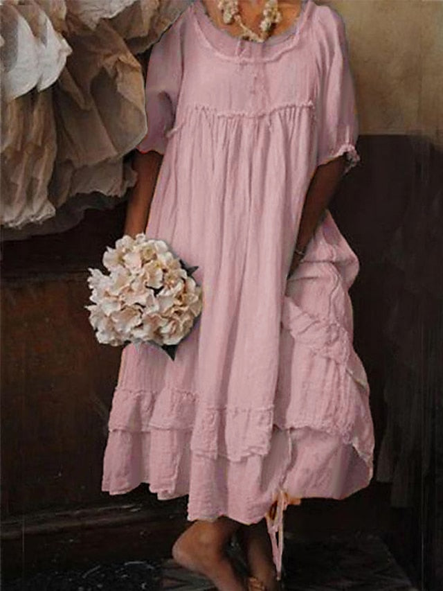Women's Dress - Casual Dress Swing Dress Tiered Dress Plain Ruffle Layered Crew Neck Maxi Dress Fashion Elegant Outdoor Daily Half Sleeve Loose Fit Pink Light Grey Summer Spring S M L XL 2XL