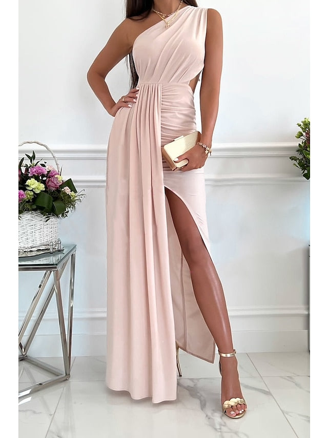 Women's Dress - Party Dress Long Dress Maxi Dress Green Red Beige Sleeveless One Shoulder Pure Color Patchwork Spring Summer Dress 2023 S M L XL XXL