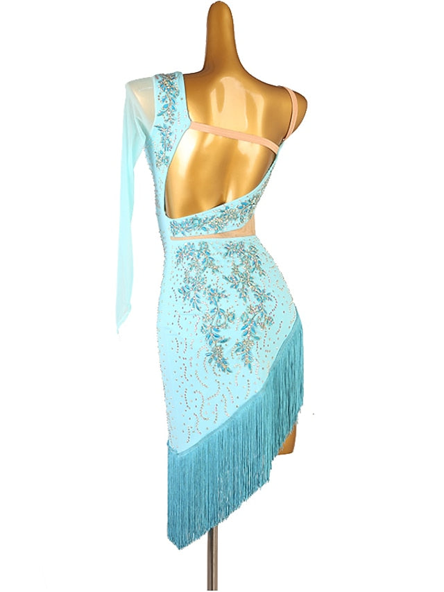 Latin Dance Dress Tassel Split Joint Crystals / Rhinestones Women's Performance Training Long Sleeve Chinlon Mesh - LuckyFash™