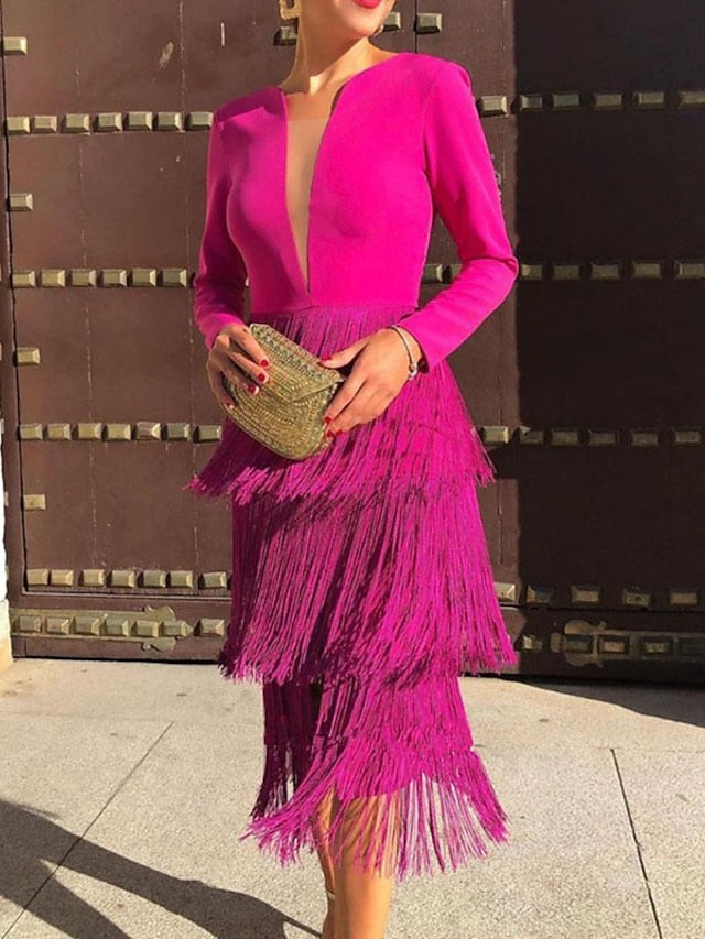 Women's Dress - Semi Formal Party Dress Fringe Dress Midi Dress Pink Long Sleeve Pure Color Tassel Fringe Winter Fall Autumn V Neck Stylish Winter Dress Fall Dress 2023 S M L XL XXL