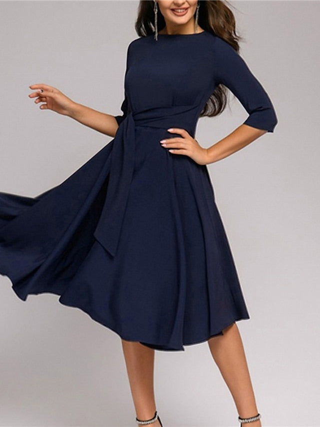 Women's Dress - Wedding Guest Dress Swing Dress A Line Dress Midi Dress Navy Blue Green Beige Half Sleeve Pure Color Lace up Summer Spring Crew Neck Work Party Vacation 2023 S M L XL XXL