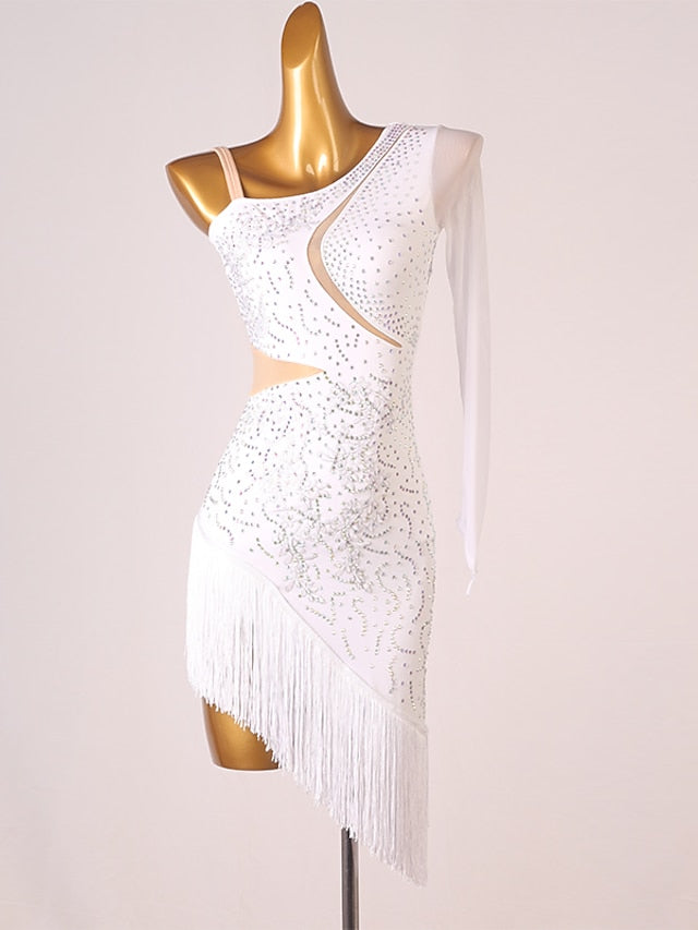 Latin Dance Dress Tassel Split Joint Crystals / Rhinestones Women's Performance Training Long Sleeve Chinlon Mesh - LuckyFash™