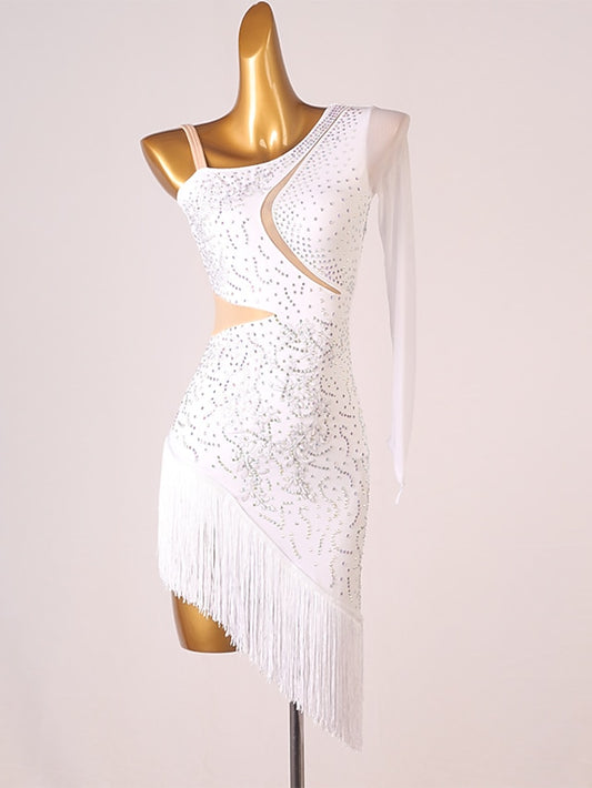 Latin Dance Dress Tassel Split Joint Crystals / Rhinestones Women's Performance Training Long Sleeve Chinlon Mesh - LuckyFash™