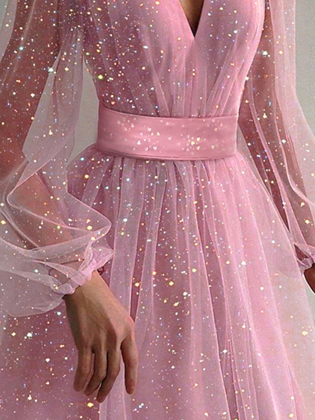 Women's Dress - Party Dress Wedding Guest Swing Dress Midi Dress Pink Short Sleeve Pure Color Sequins Mesh Spring Fall V Neck Hot Elegant Romantic Party 2023 S M L XL