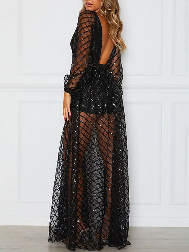 Women's Dress - Formal Party Dress Swing Dress Long Dress Maxi Dress Black Gold Long Sleeve Pure Color Mesh Winter Fall Spring V Neck Fashion Wedding Winter Dress 2023 S M L XL XXL