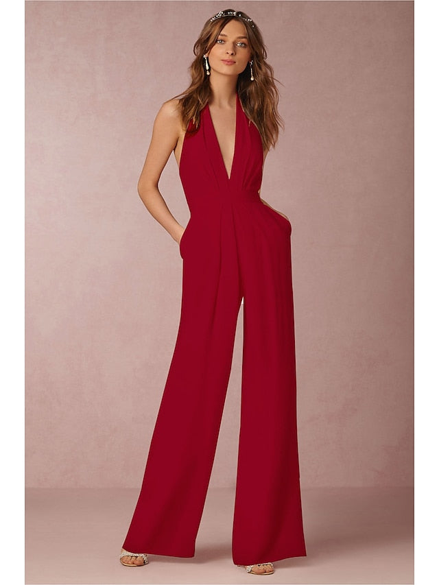 Jumpsuits for Women Sexy Neck Deep V Wide Leg Clean Fit Elegant Party Wedding Holiday Halter Green White Black Solid Color Backless Zipper - LuckyFash™