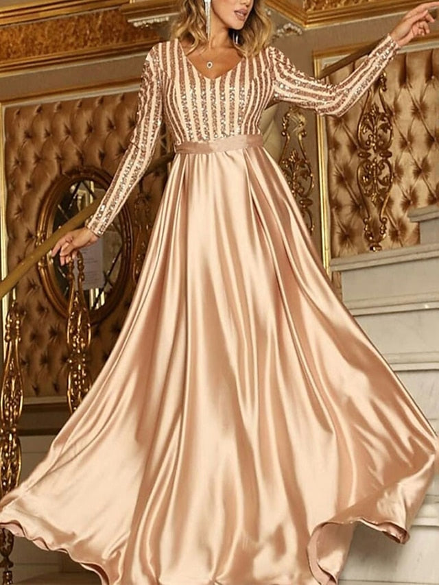 Women's Dress - Formal Party Dress Satin Dress Maxi Dress Green Khaki Silver Beige Black Long Sleeve Pure Color Sequins Winter V Neck Stylish Elegant Wedding Guest Fall Dress 2023 M L XL XXL 3XL 4XL