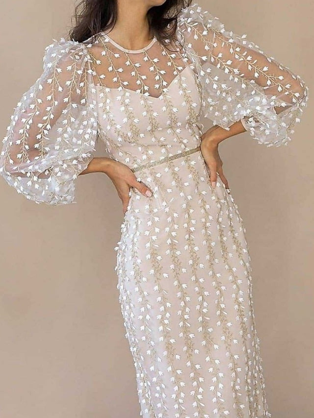 Women's Dress - Party Dress Lace Dress Sheath Dress Knee Length Dress White Long Sleeve Pure Color Lace Winter Fall Spring Crew Neck Elegant Winter Dress Birthday Wedding Guest 2023 S M L XL