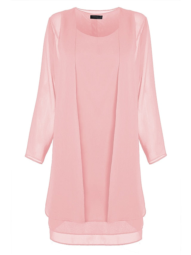 Women's Dress - Dress Set Two Piece Dress Church Dress Midi Dress Light Pink Black Wine Long Sleeve Pure Color Chiffon Summer Spring Crew Neck Stylish Winter Dress Fall Dress 2023 XL XXL 3XL 4XL 5XL